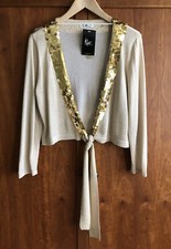 Mylene Klass Collection Evening Tie Cardigan Size 14 Gold Metallic/Sequins *FLAW