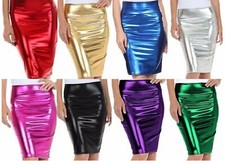 Women Metallic Shiny Wet Look High Waist Disco Party Pencil Midi Ladies Skirt