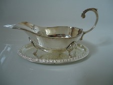 Vintage Antique Silver Plated Gravy Sauce Boat & Tray -  Nice Gift Xmas Dinner