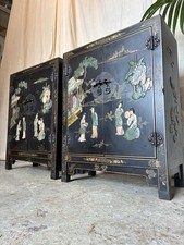 Pair Of Chinese Side Cabinet Sideboard Chinoiserie Stone Hand Carved Cupboard