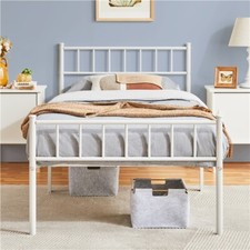 White Single Metal Bed Frame w/ Headboard Solid Slatted Base for Adults Teenager