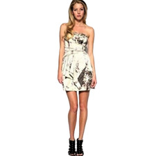 Karen Millen Silk Jewel Print Champagne Strapless Dress DJ157 Size UK 8