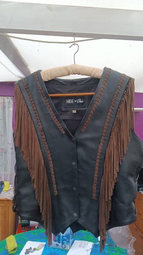 Ladies black leather - , fringed