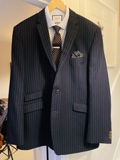 Men's Pin Stripe Suit Dark Blue Worsted Two Piece by The Label 46L  38W VGC 