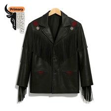 Men’s Western Black Leather Fringe Jacket Cowboy Style with Tribal Design 