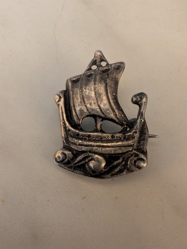 Silver viking ship - silver, brooch