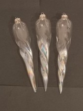 3 Clear Irridecent Glass Icicles Christmas Tree Decorations Large 7"