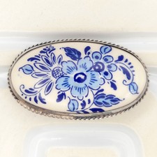 Vintage Ceramic Flower Brooch Delft Style Jewellery