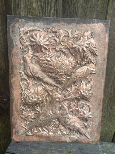 Repousse copper bird panel