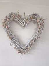 Shabby Chic Very Large Rustic Twig Hanging Wall Heart With Pink Rose Garland