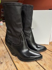 NEW!  ISABEL MARANT "Lirnee" Black Leather Western Mid Heel BOOTS, 38, UK 4