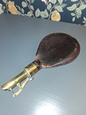 ANTIQUE LEATHER AND BRASS POWDER FLASK