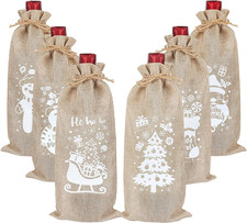 Burlap Wine Bags with Drawstring, 6 Pack Xmas Bottle Bags Hessian for Christmas 