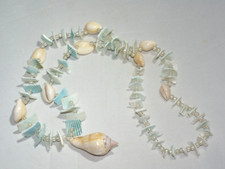 SHELL NECKLACE-NATURAL & DYED BLUE SHELL-FAUX PEARLS - CONCH PENDANT-24" LONG