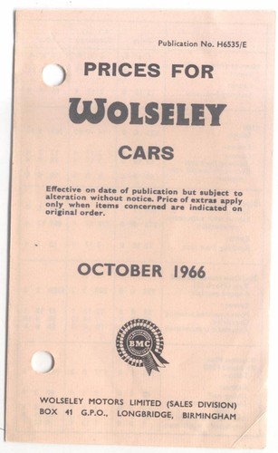 Wolseley price list 1966 - wolseley,