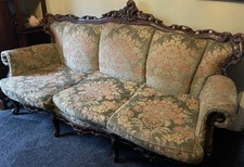 Victorian Revival Style 3 Seater Sofa + 1 Seater With Ornate Mahogany Carving