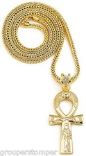 Ankh Large Egyptian "Etched" Pendant With 36 Inch Long 4mm Wide Franco Necklace