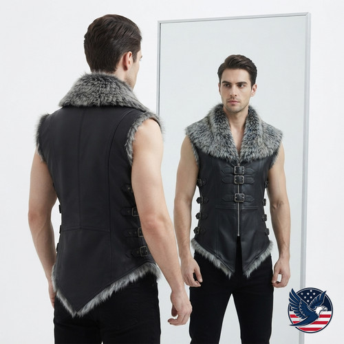 Viking leather vest fur - leather,