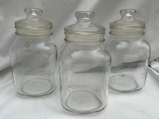 Vintage Large Glass Storage jars Squarish With Glass Sealed Lids Heavy Duty x 3