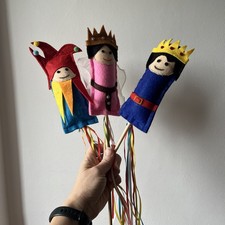 3 Felt Puppet Dolls on Sticks: King Queen Jester Prince Princess Kingdom 7”