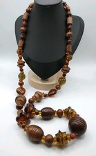 Gorgeous Autumn Coloured Glass And Wood Bead Statement Necklace 28" Long