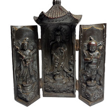 Vintage Portatal  Detailed 3 Panel Carved Triptych Holy Foldable Buddhist Shrine