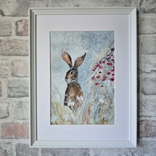 Original Watercolour Painting Hare Snow Landscape Framed
