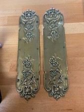 Pair of Antiue Brass Finger Plates Grape Scroll Design Victorian Style Door Push