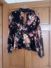 M&S Limited Edition Black Floral Top Blouse Long Flared Sleeves Size 12