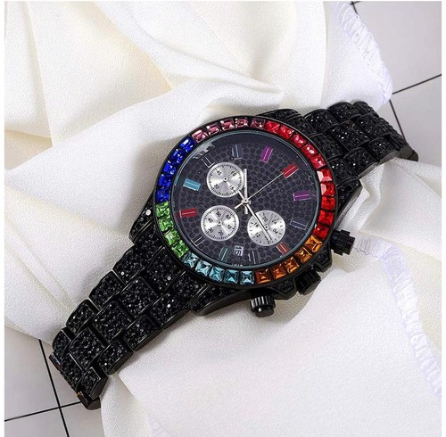 Iced out black watch rainbow - out,
