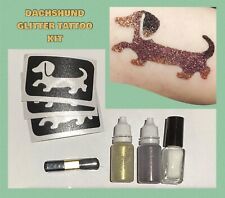 DACHSHUND SAUSAGE DOG GLITTER TATTOO KIT STENCILS/BODY GLUE/PUFFER BOTTLES