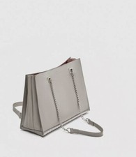 Zara Chalk Grey Studded Leather Tote Hand Shoulder Bag Bnwt