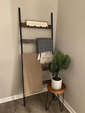 Tall Wooden Blanket Towel Ladder 5 Rungs Hooks Bathroom Rack Decor Shelf Leaning