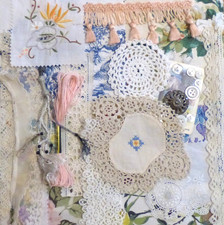 20 SHABBY CHIC VINTAGE EMBROIDERED FABRIC SCRAPS LACE JOURNALING SLOW STITCH (A)