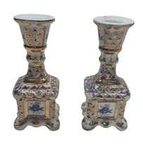 Porcelain Candle Stick Holders Set Of 2 Decorative Signed Floral Pattern