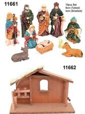 Christmas Nativity Scene Wooden Stable 10PC Figure Set Crib XMAS Home Decoration