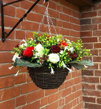 Artificial Flower Hanging Basket with Roses and Wild flowers Hand Made