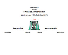 Swansea City v Manchester City 29-10-25 League Cup R4 Unofficial Team Sheet