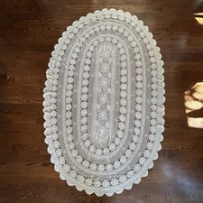 Vintage Filet Crochet Lace Oval Tablecloth Shabby Chic Scalloped Ivory 80” Large