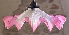 Vintage French frosted glass frilly coolie light shade pink & brass fittings