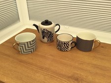 Next Zebra Themed Teapot And Matching Cup + 2 x black/white/grey H&M Cups