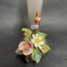 Vintage French Frosted Glass Bud Vase Applied Hand Painted Porcelain Flowers 70s