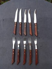 Vintage FRIAR Steak Knives & Forks With Wooden Handles - 10 Items Setting For 5