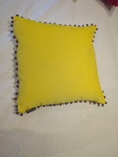 Poaoletti Bright Yellow With Grey Pom Pom Trim Cushion With Feather 45 X 45cm