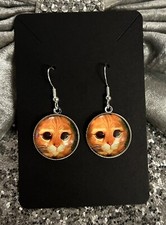 HANDMADE SILVER 925 CAT EARRINGS GINGER TABBY JEWELLERY PUSS IN BOOTS SHREK GIFT