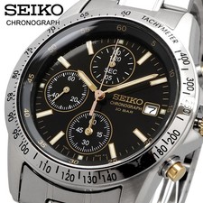 Seiko Chronograph Watch SBTQ043 Black Dial 10BAR Tachymeter Quartz Japan Men