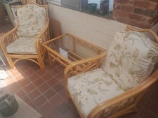 Vintage Bamboo/cane 2 X Easy Chairs & Glass Top Coffee Table.
