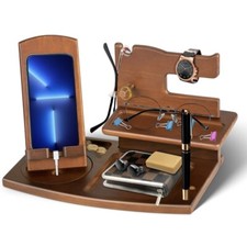 Wood Rotating Swivel Phone Docking Station Wallet Stand - Brown Gift For Him