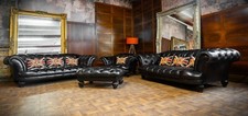 TETRAD OSKAR CHESTERFIELD BLACK LEATHER PAIR of LARGE SOFAS CLUB CHAIR & STOOL