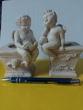 Pair of OLD CHERUBS ANGELS greyTea light candle HOLDERS /STANDS